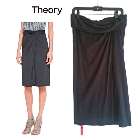 Theory NEW Minimalist RHINA Faux Wrap Drape Ruche Waist Knee Skirt M - Picture 1 of 11